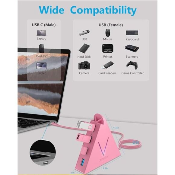 4-Port USB 3.0 Hub, FlyingVHUB Vertical Data USB Hub with 2 ft Extended Cable - Picture 4 of 7